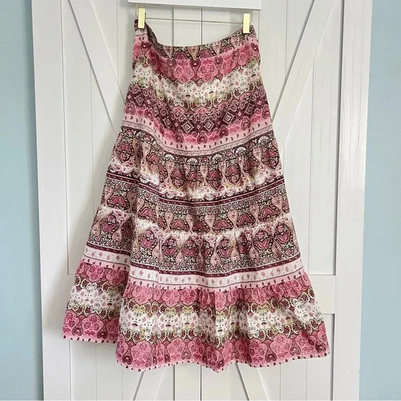 Vintage Y2K Paisley Brown Pink Print Tiered Midi Skirt Size 12 Fairy Grunge Boho - Picture 2 of 8